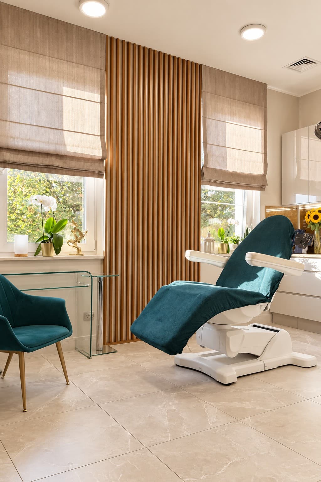 Gabinet kosmetyczny Studio Joy, fotel zabiegowy, zielony fotel i drewniane lamele